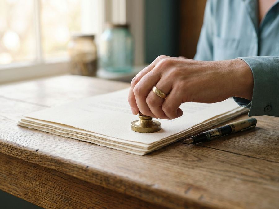 A hand pressing a brass notary embossing seal onto a document beside a fountain pen