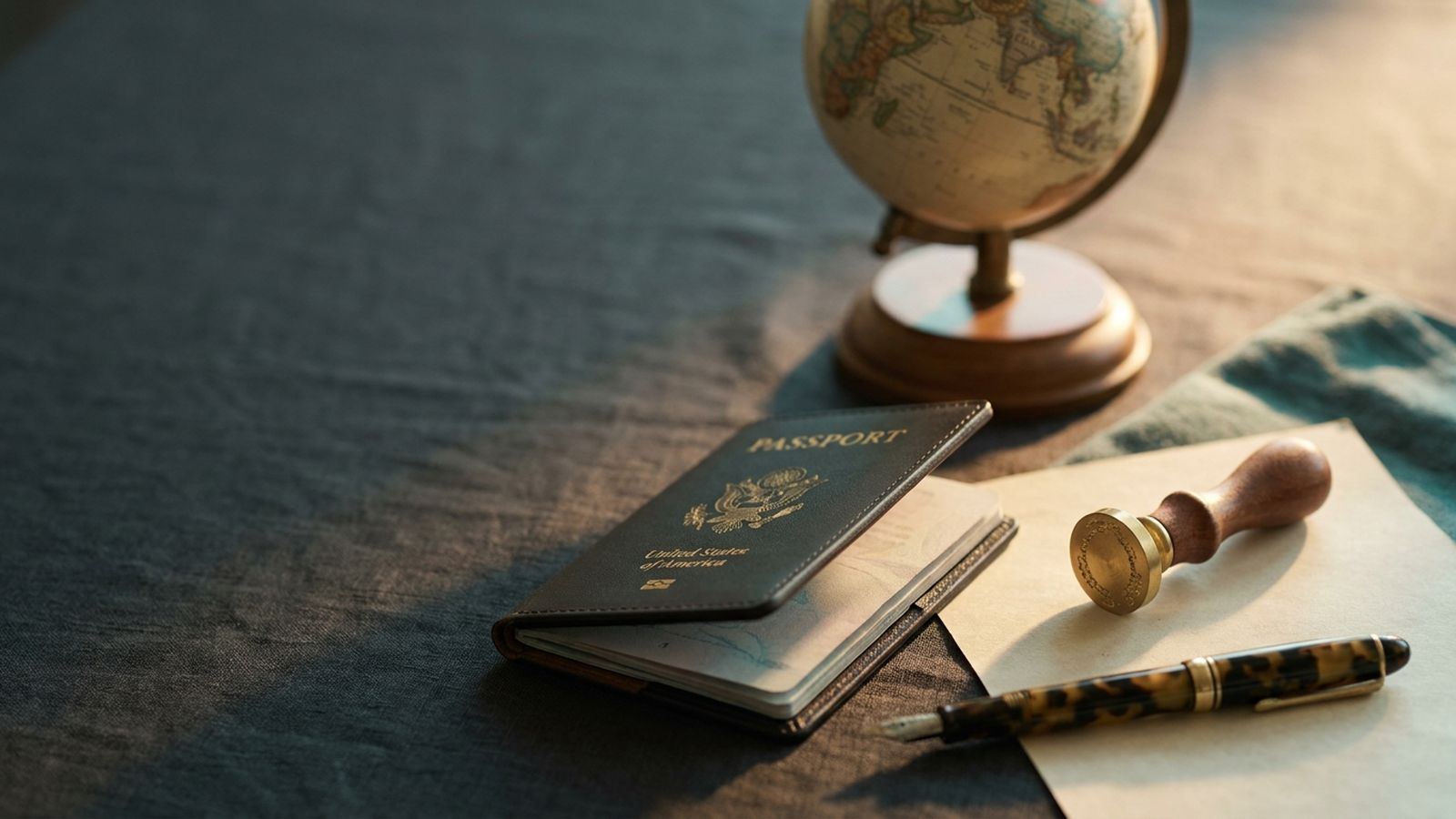 Passport, embossing seal and fountain pen arranged on dark linen beside a globe
