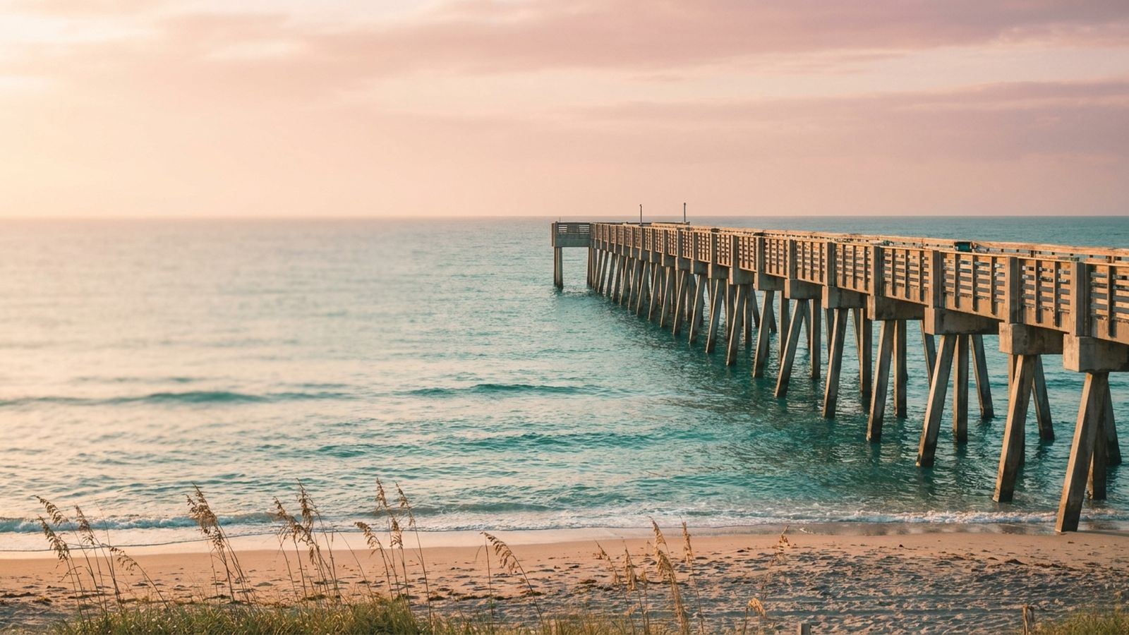 The long wooden Juno Beach fishing pier extending into a calm turquoise Atlantic at sunrise