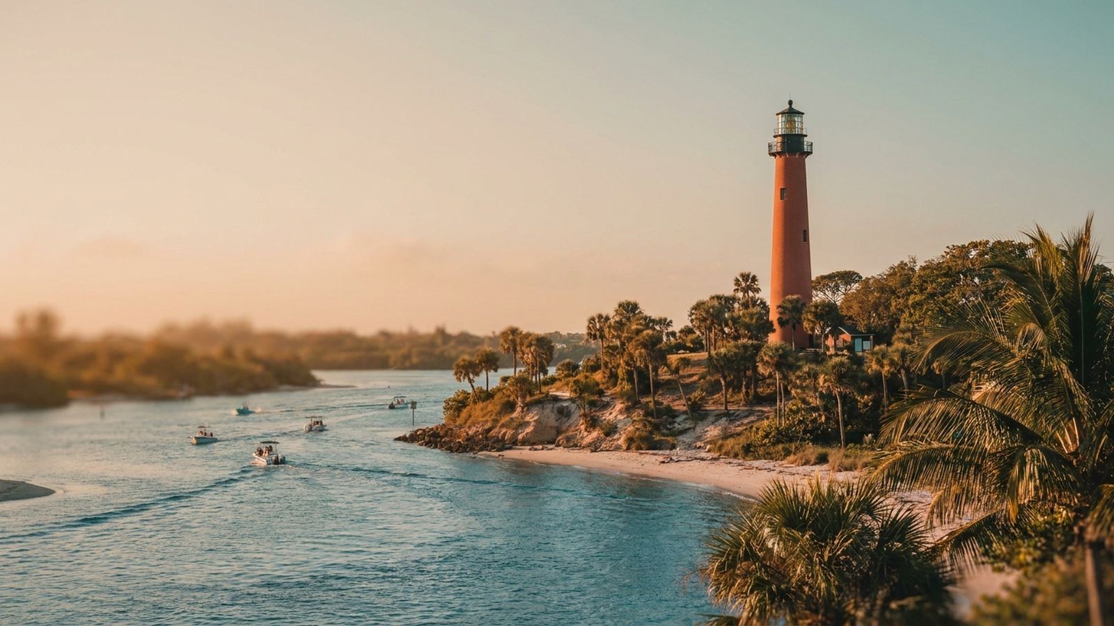 The historic red brick Jupiter Inlet Lighthouse standing above the blue inlet waterway at golden hour