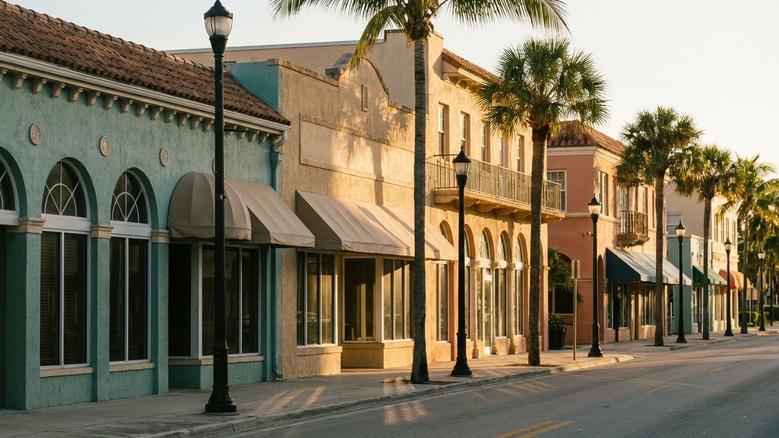 Pastel 1920s Mediterranean revival storefronts along a Lake Worth Beach downtown street at golden hour