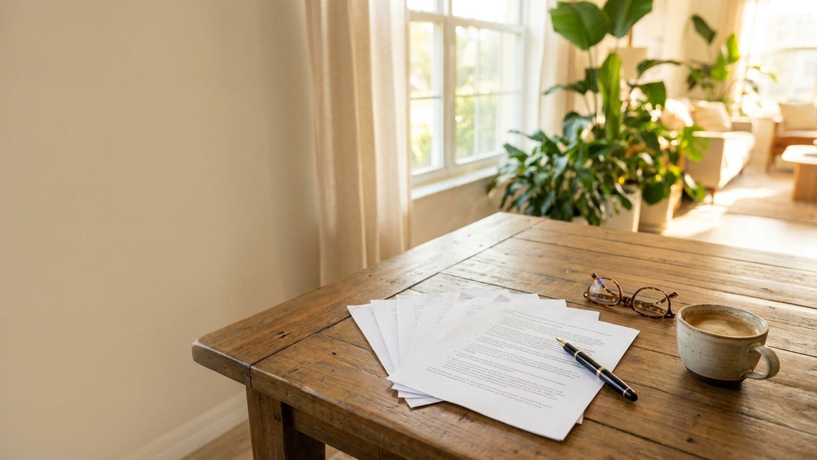 Legal documents fanned across a warm wooden table beside a fountain pen and reading glasses