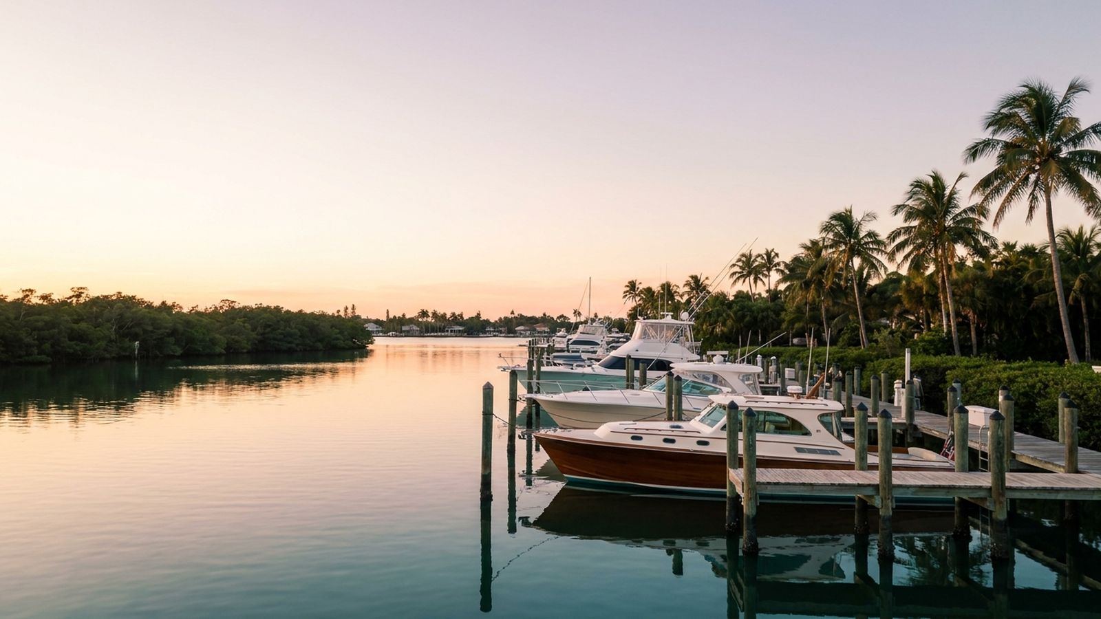 A calm Intracoastal marina in North Palm Beach with private boats moored at wooden docks under a pastel sunset