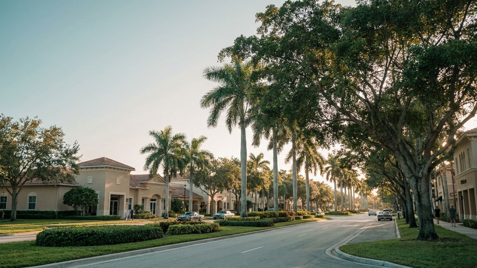 A wide boulevard in Palm Beach Gardens lined with mature banyan and royal palm trees