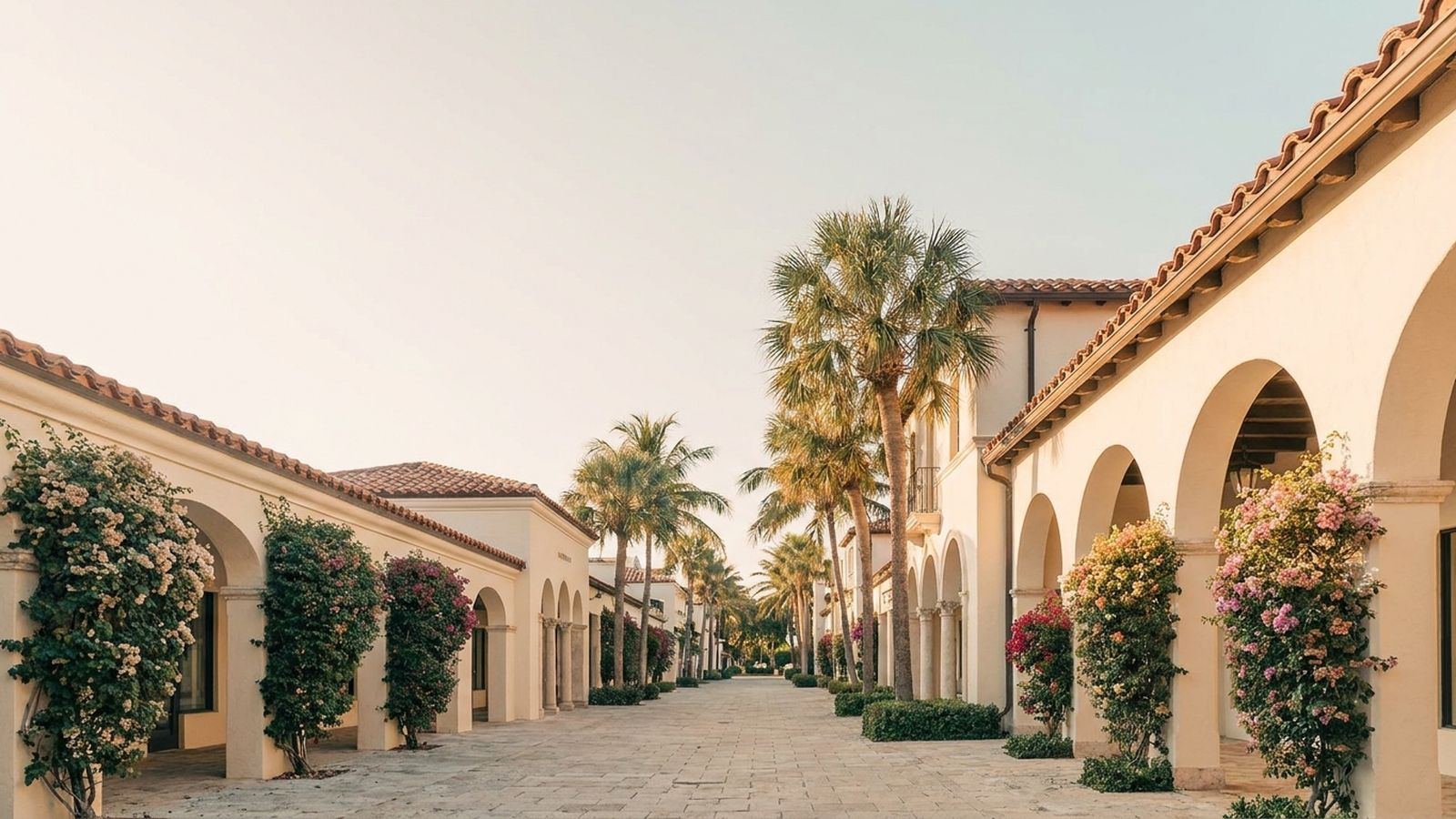 An elegant Mediterranean revival shopping street in Palm Beach with cream archways, barrel tile roofs and manicured palms