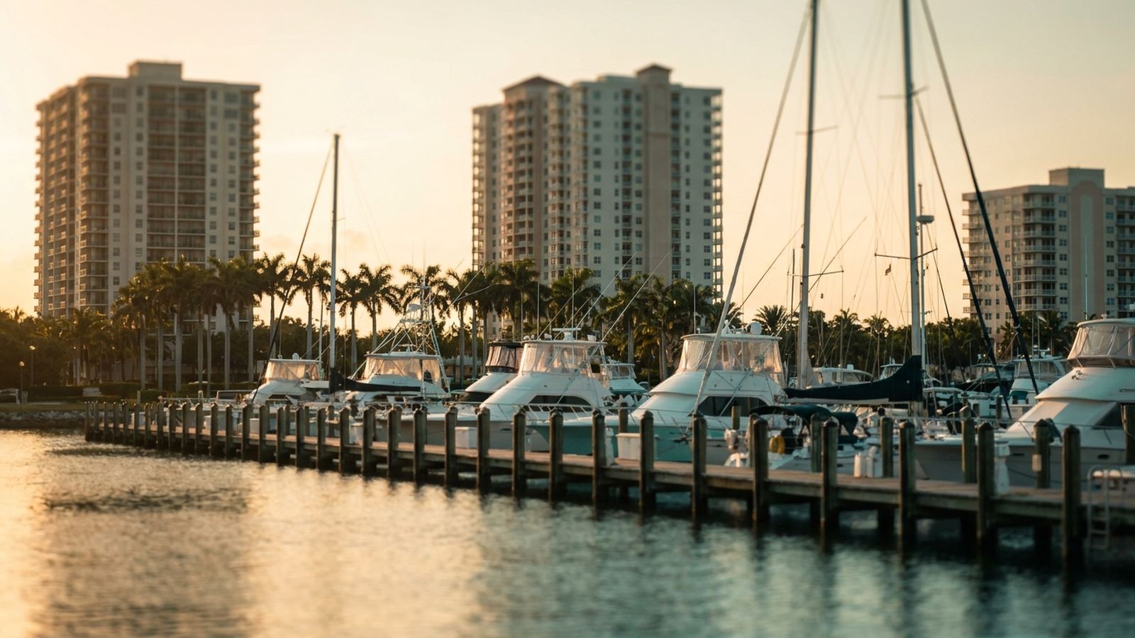 Sport fishing boats along a Riviera Beach marina dock at golden hour with Singer Island condominium towers beyond