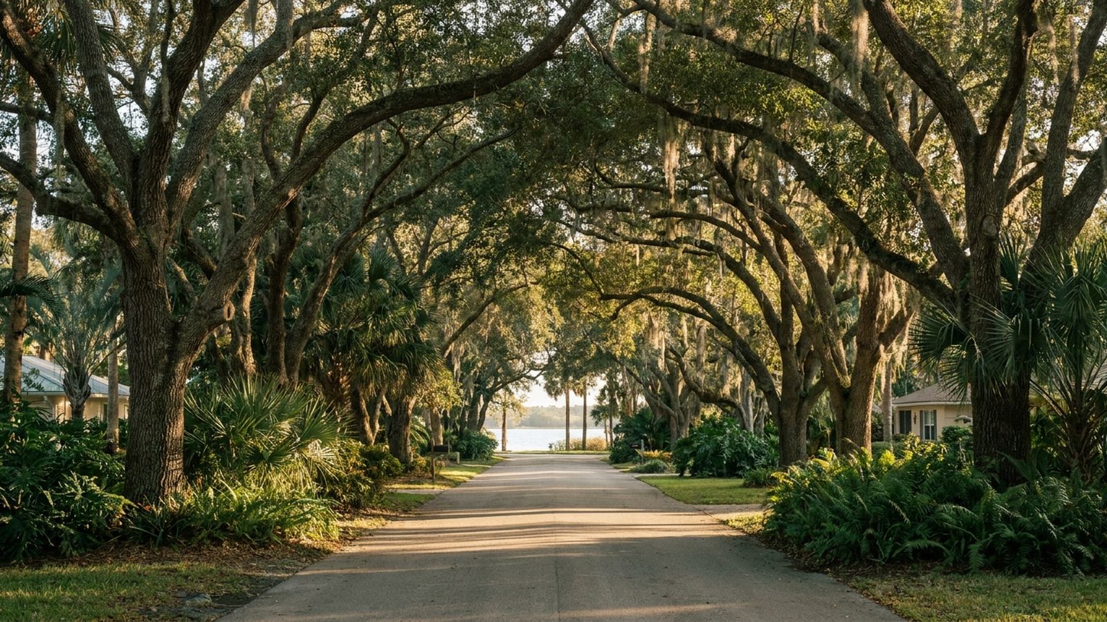 A quiet Tequesta street under an arching live oak canopy in late afternoon light with river water visible beyond