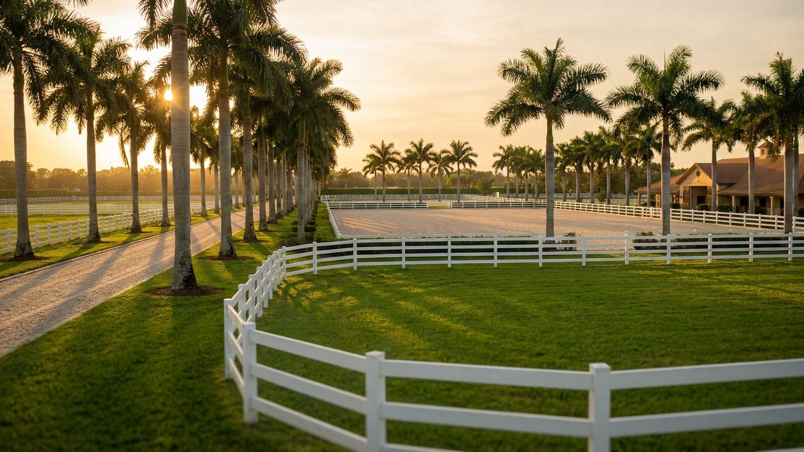 White three rail fencing along a green Wellington paddock at golden hour with royal palms lining the drive